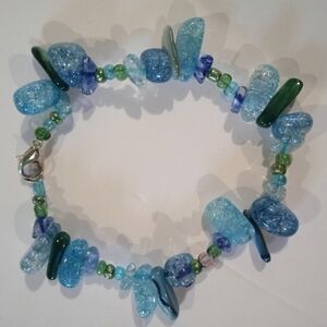 8" Seaside Aqua Nautical Crackle Glass Chips/ Seed Beads/Green Accents Bracelet